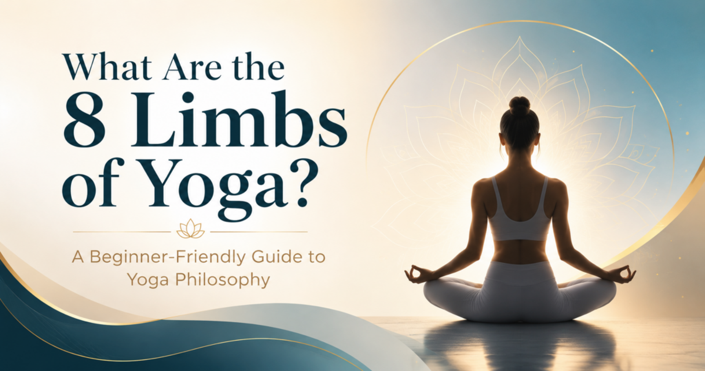 Meditation pose illustrating the 8 Limbs of Yoga philosophy including mindfulness, self-discipline, concentration, and spiritual growth