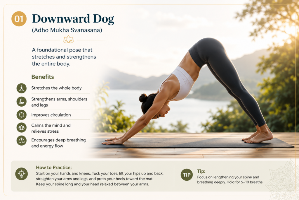 Downward Dog (Adho Mukha Svanasana) yoga pose demonstrating proper alignment, full-body stretch, strength building, and breathing techniques for yoga practice