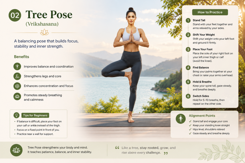 Tree Pose (Vrikshasana) yoga posture guide showing proper alignment, balance techniques, benefits, and step-by-step instructions for beginners