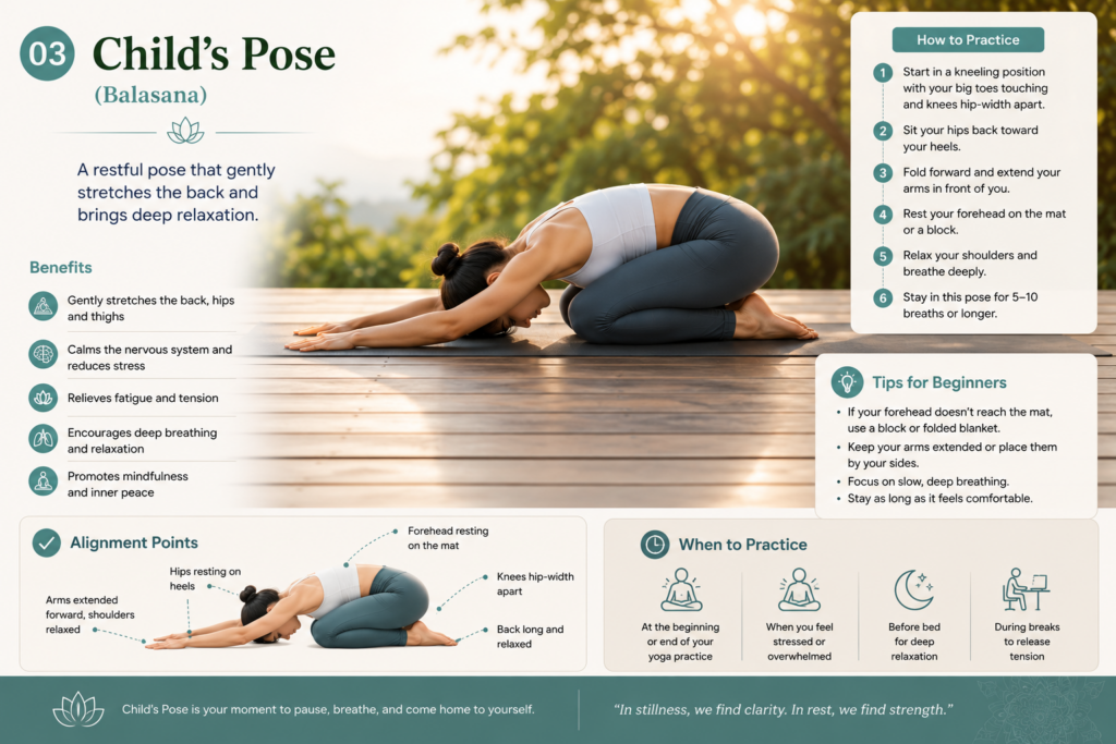 Child's Pose (Balasana) yoga posture guide showing correct alignment, benefits, relaxation techniques, and step-by-step instructions for beginners