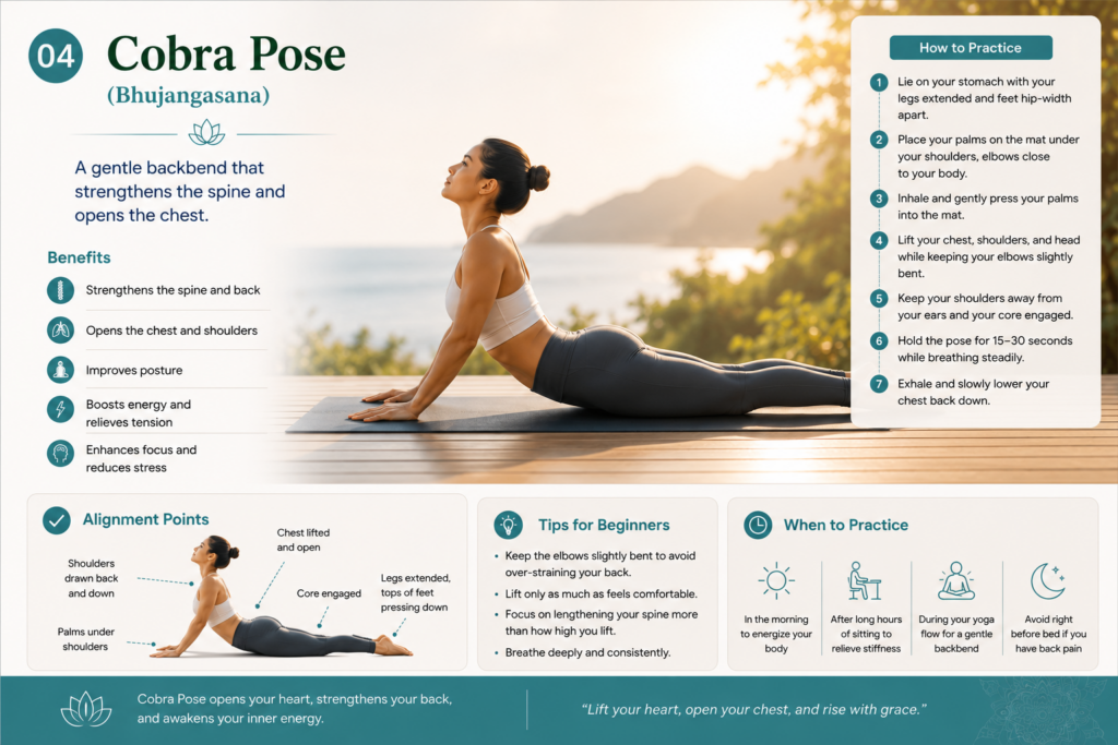 Cobra Pose (Bhujangasana) yoga posture guide showing correct alignment, benefits, and step-by-step practice instructions for beginners
