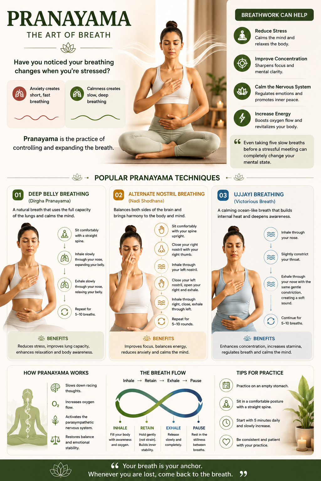 Pranayama breathing techniques infographic explaining deep belly breathing, alternate nostril breathing, and Ujjayi breathing benefits for yoga practice