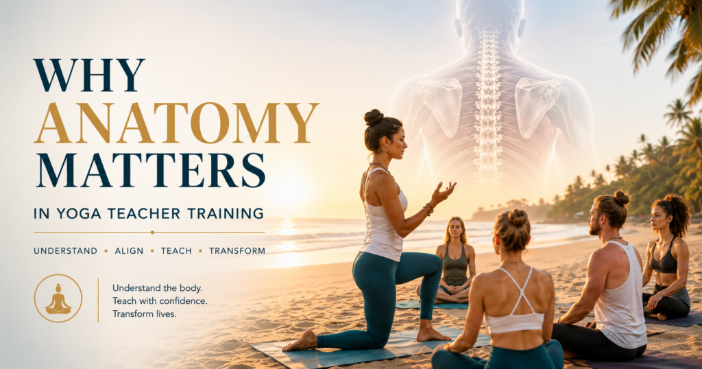 Yoga teacher explaining human anatomy and body alignment to students during a yoga teacher training session on the beach