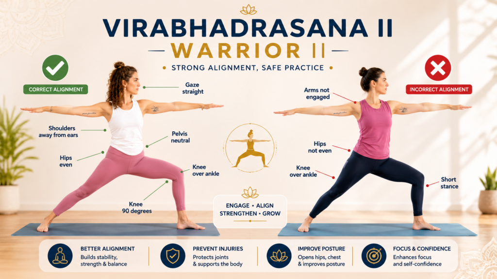 Correct and incorrect Warrior II (Virabhadrasana II) yoga pose alignment guide for yoga teacher training and safe yoga practice